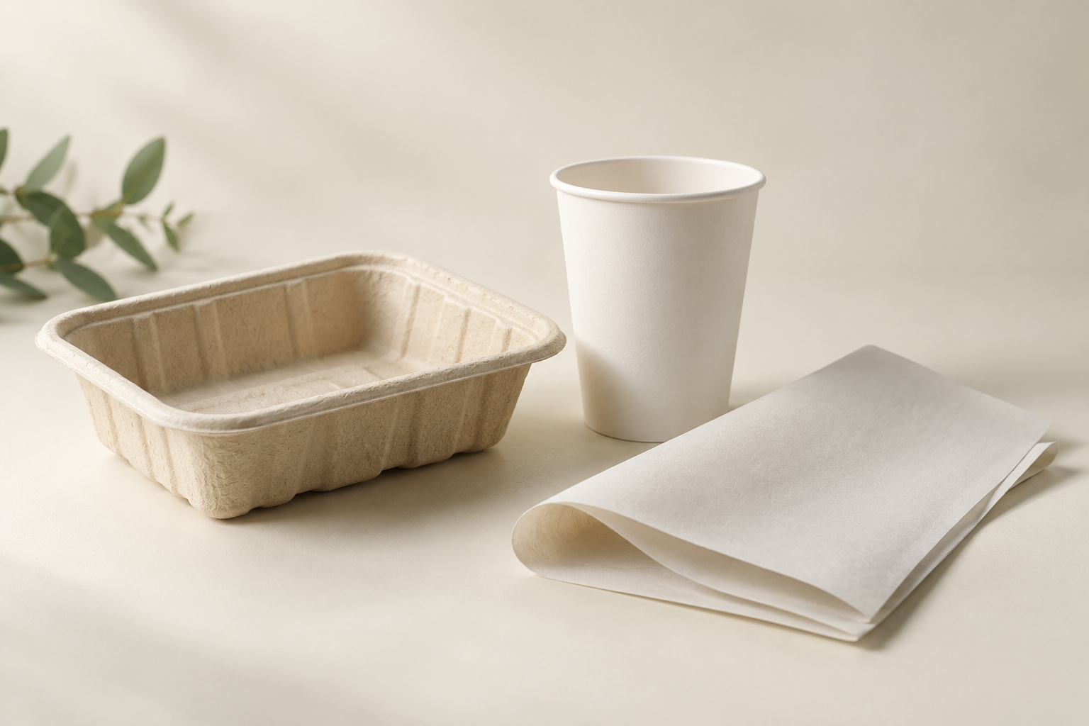 Molded fibre tray and paper cup — illustrative packaging applications